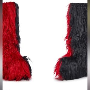 Red and black fur platform boots … worn once for a couple hrs ..